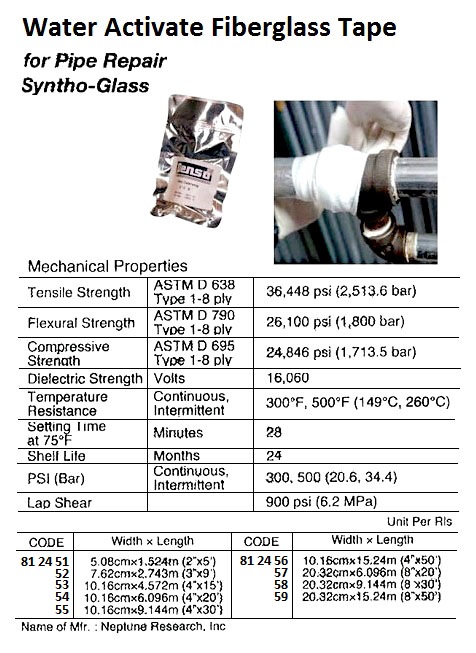 WATER ACTIVATE FIBERGLASS TAPE, 7.62 CM x 2.743 MTR (3″x9′), SYNTHO-GLASS, NEPTUNE RESEARCH INC. - IMPA 812452