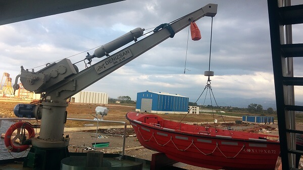 Davit crane and lifeboat at a shipyard