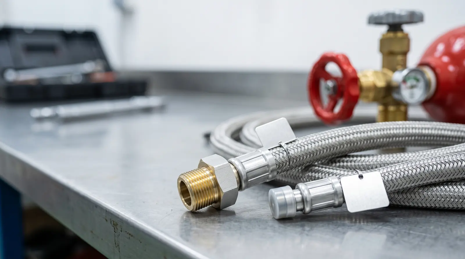 Nahaufnahme einer maßgefertigten flexiblen Schlauchleitung mit Stahlendfittings für eine stationäre CO₂-Löschanlage