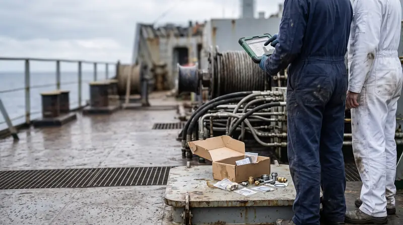 A ship engineer and a Berth Marine technician checking a box of hydraulic spare parts against a tablet parts list on a ship deck