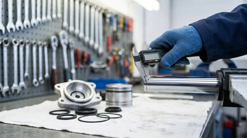 Close-up of a chrome hydraulic piston rod and gland seal being checked by hand