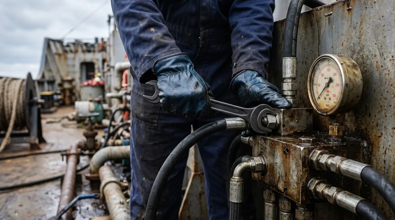 Gloved hands tightening a hydraulic hose fitting on a manifold block with a spanner