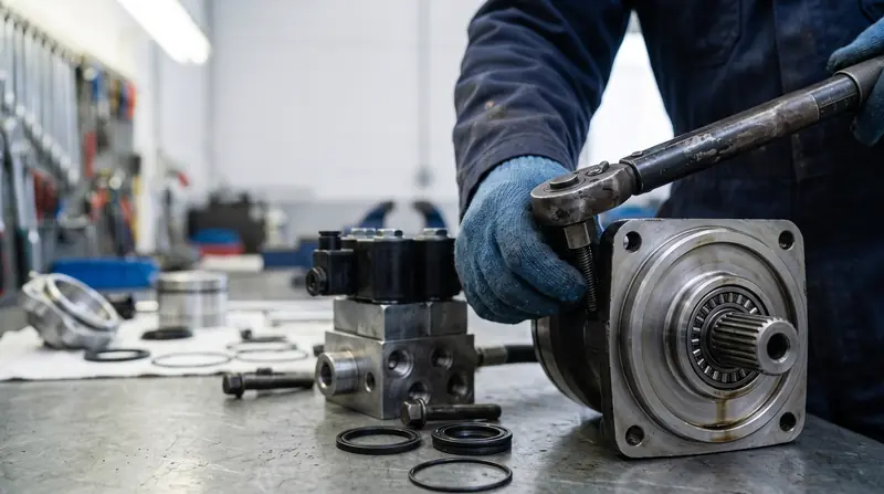 Close-up of a hydraulic motor shaft and bearing on a workshop bench being torqued