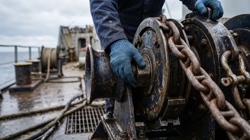 Close-up of a windlass brake band and drum being adjusted by hand