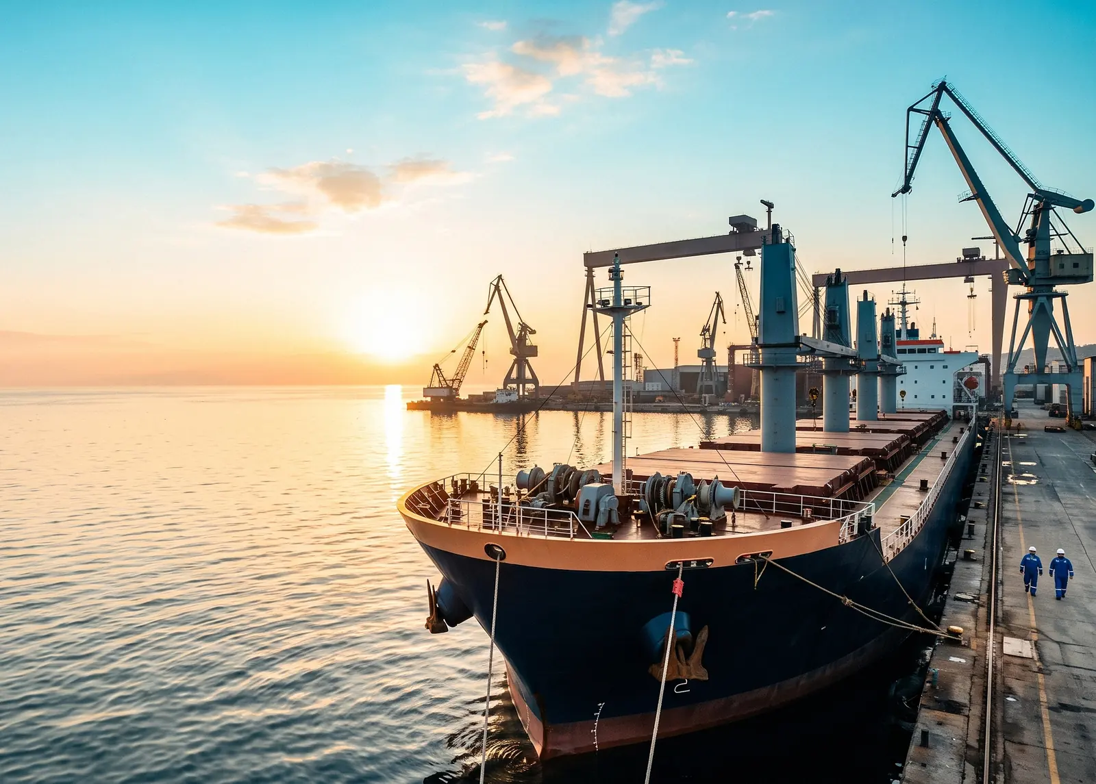 Bulk carrier moored at a shipyard quay in Tuzla, Istanbul at sunrise, with windlass and mooring winches on the forecastle and shipyard cranes behind