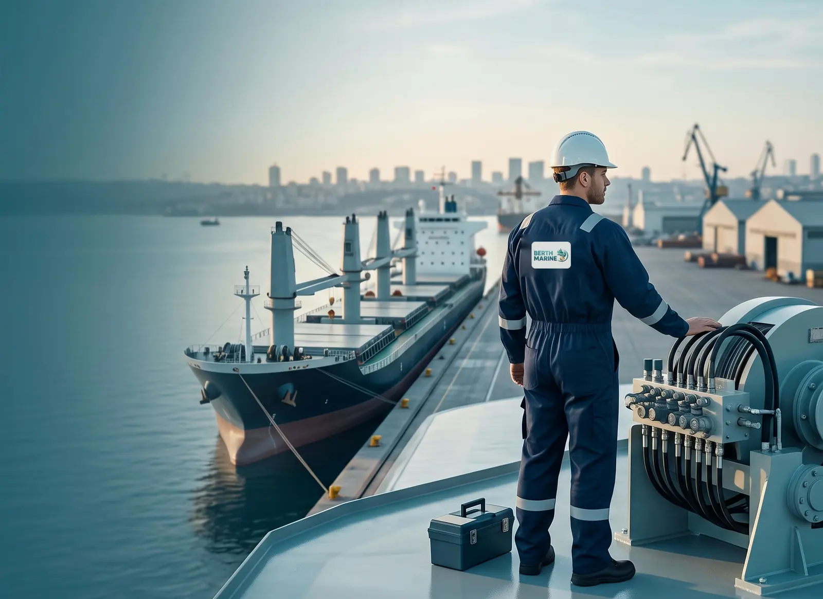 Marine technician in navy coverall beside a hydraulic winch unit on a quay, looking at a modern bulk carrier alongside at a port near Istanbul
