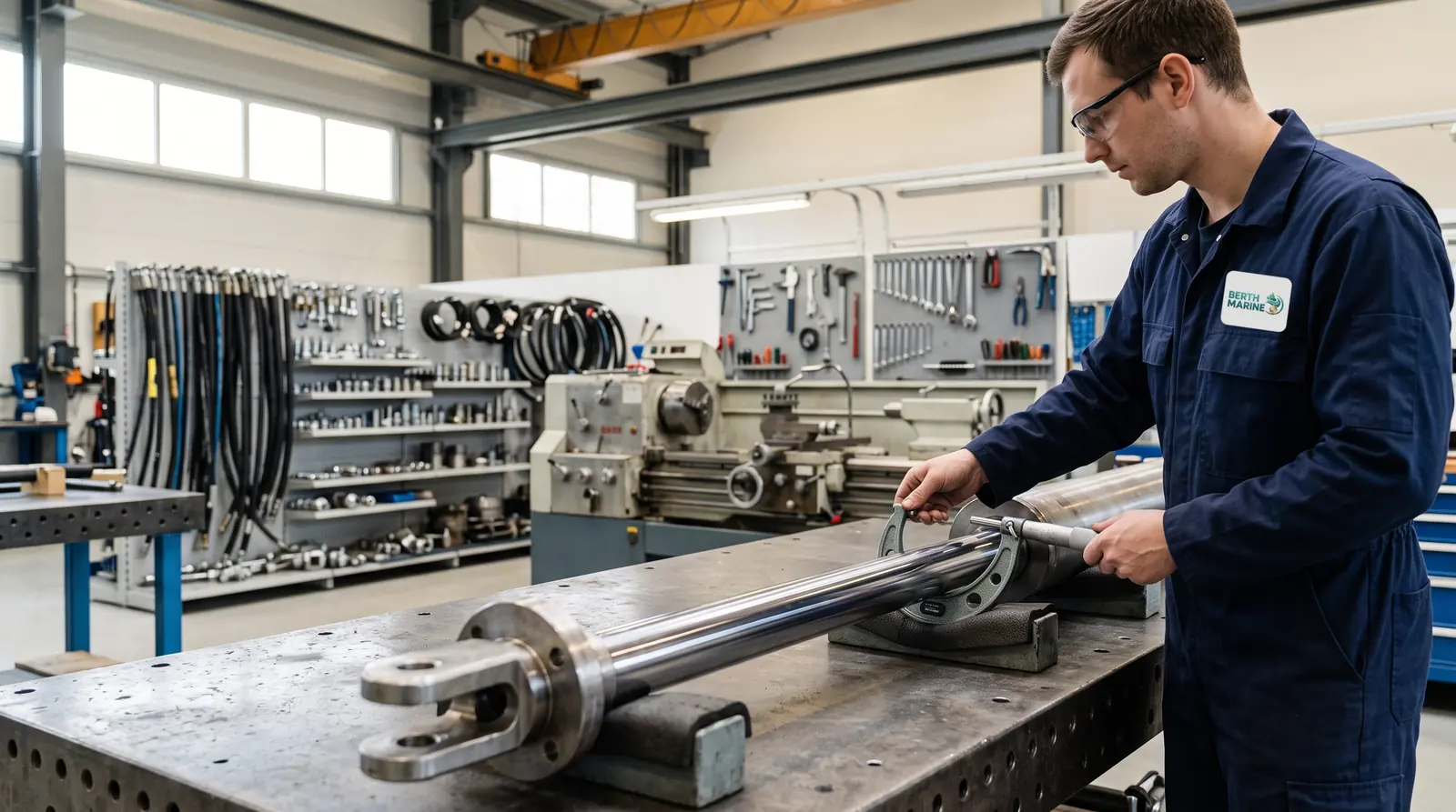 Marine technician measuring a large hydraulic cylinder rod with a micrometer in a bright, tidy hydraulic repair workshop