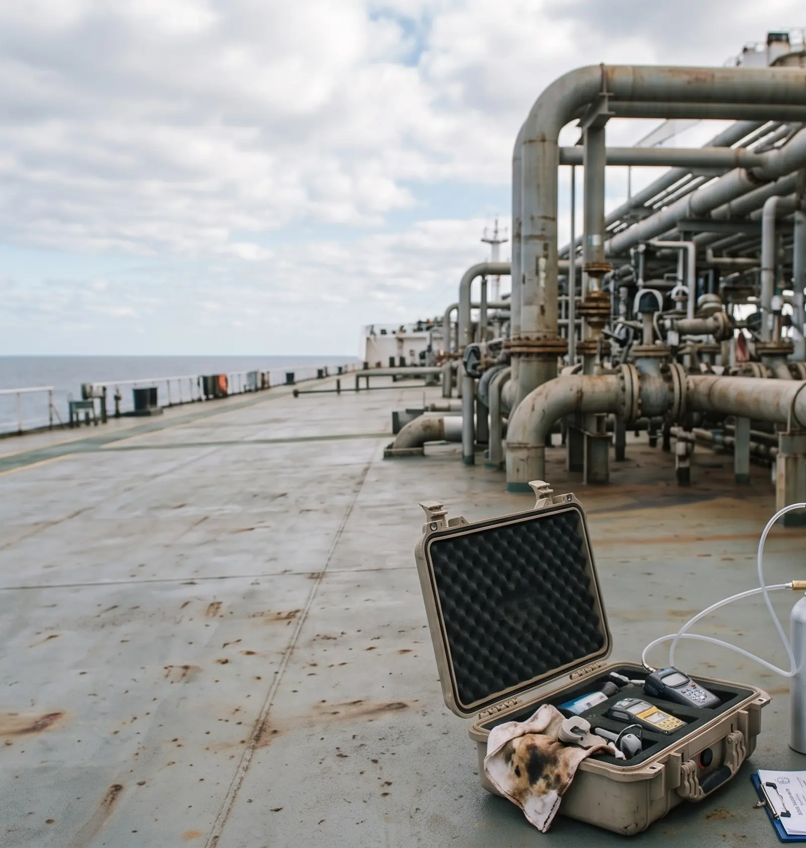 Portable gas detector calibration kit on the deck of a tanker