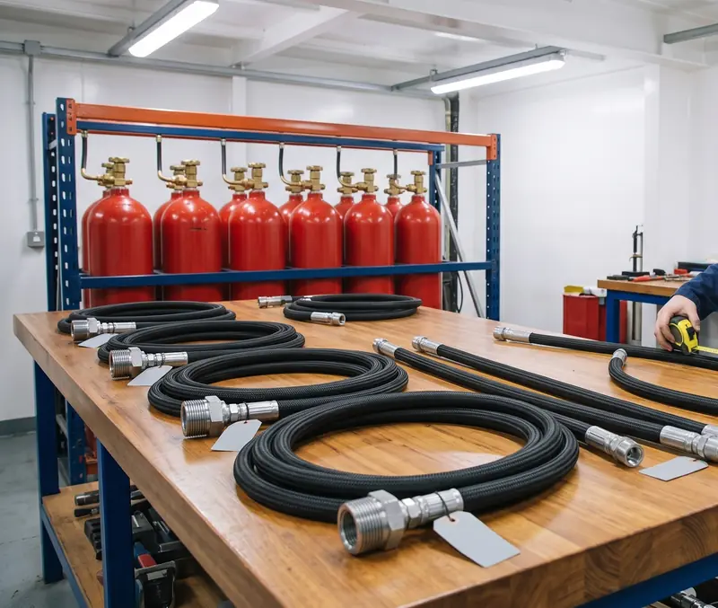 Custom-made flexible hose assemblies with end fittings for fixed CO2 fire extinguishing systems on a workbench, with CO2 cylinders behind