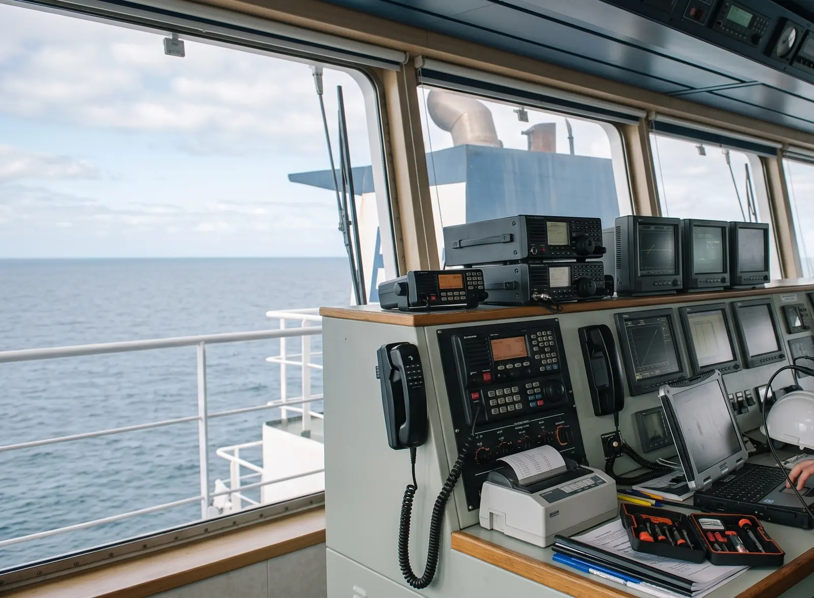 GMDSS radio equipment and navigation console on a ship's bridge