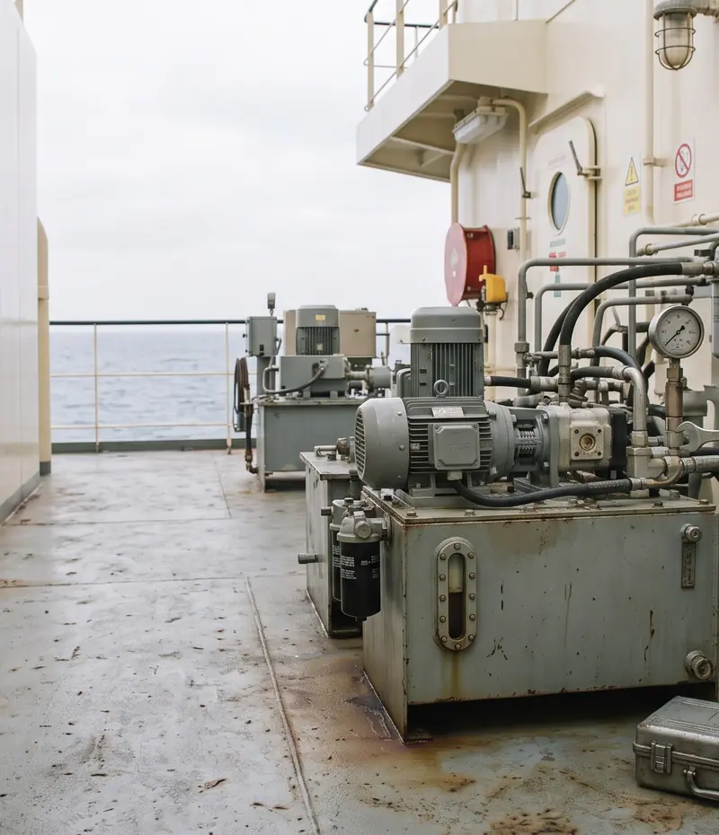 Hydraulic power pack with electric motor, axial piston pump, filters and pipework on the deck of a ship