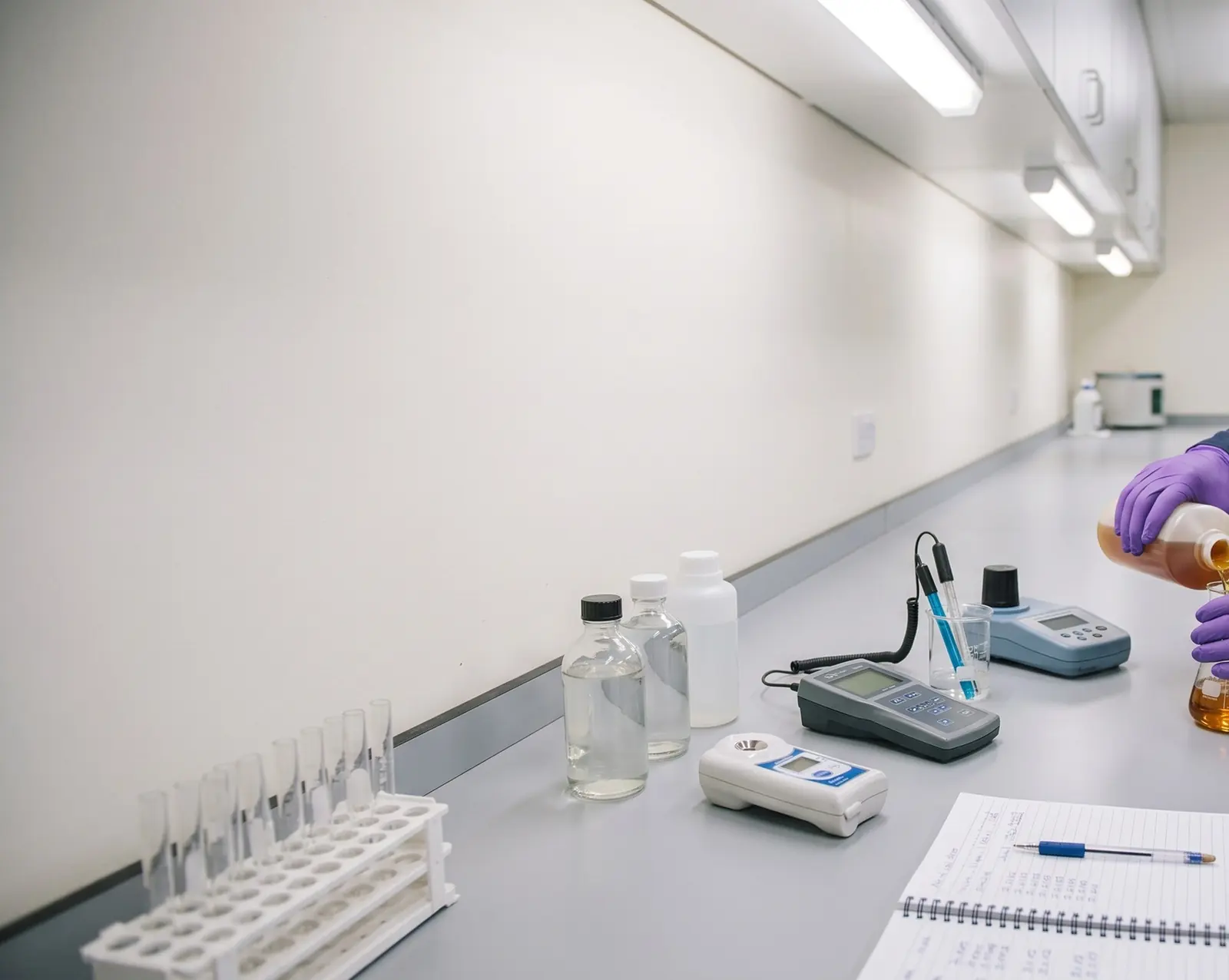 Foam concentrate sample, pH meter and refractometer on a laboratory bench