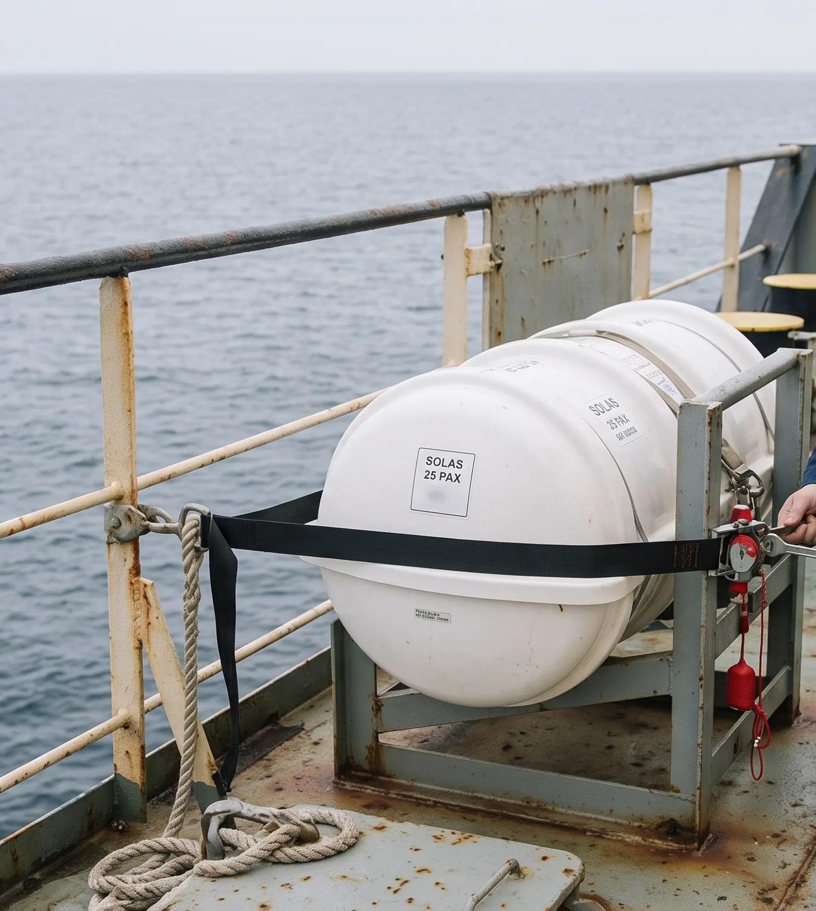 Liferaft canister in its cradle with hydrostatic release and securing strap at a ship's rail