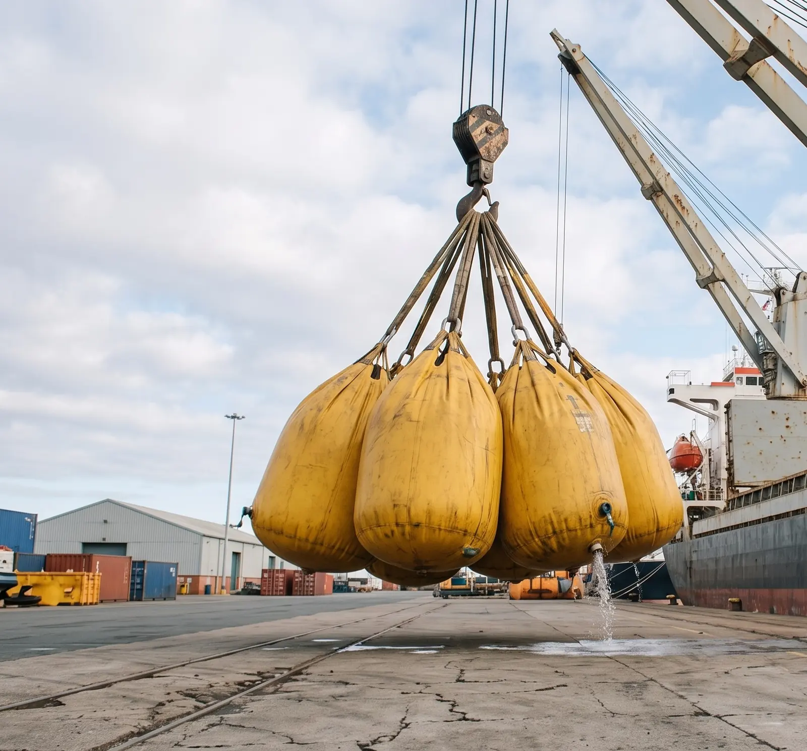 Water weight bags hanging from a ship's crane hook during an overload test at the quay