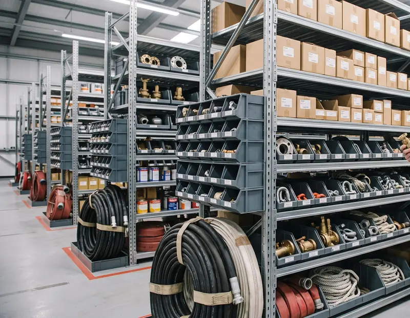 Marine stores warehouse with racking of hoses, valves, pipe fittings and spare parts