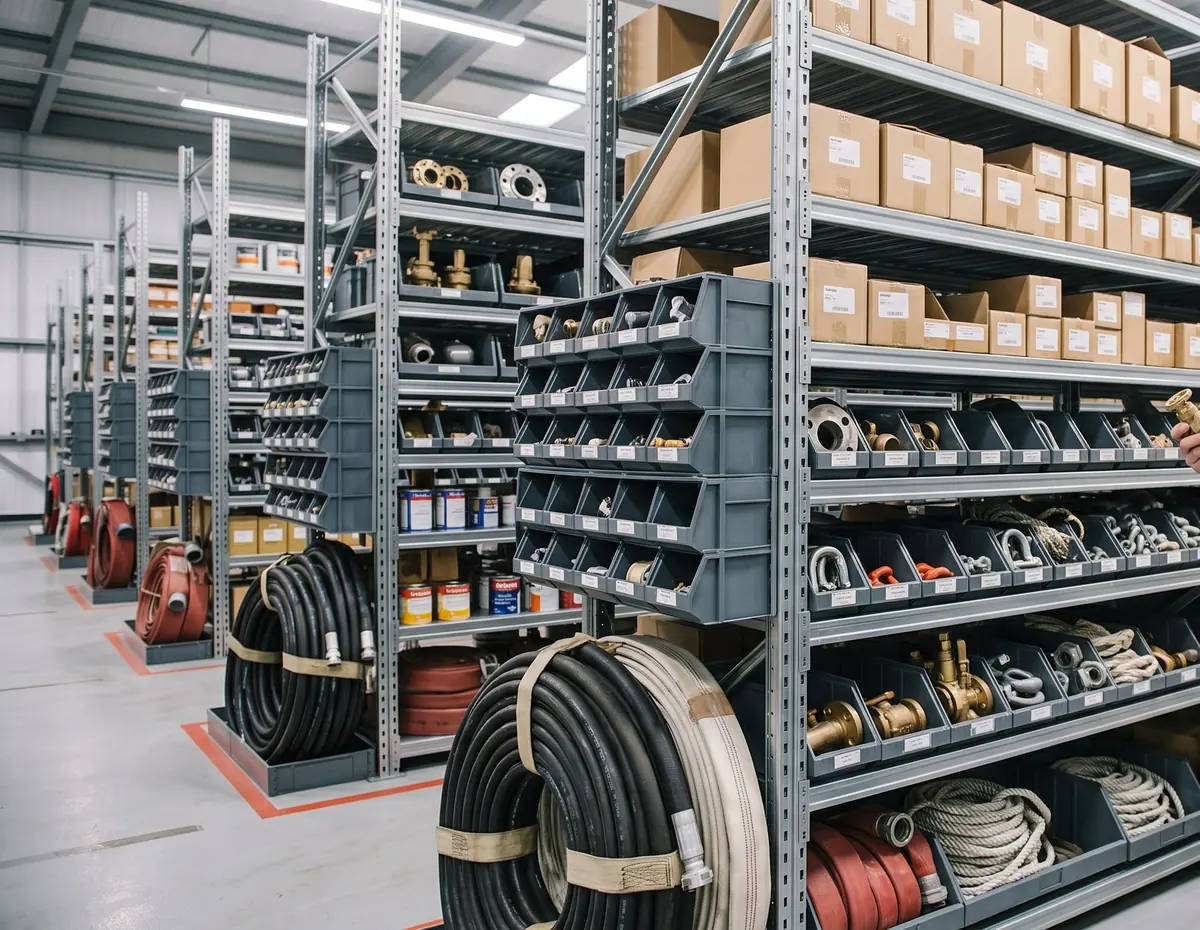 Marine stores warehouse with racking of hoses, valves, pipe fittings and spare parts