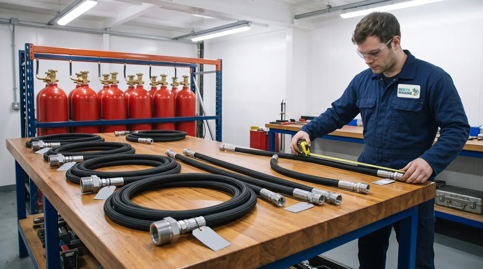 Technician measuring a custom-made flexible hose assembly with end fittings for a fixed CO2 fire extinguishing system on a workbench