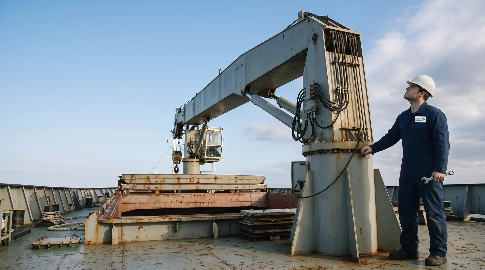 Marine technician inspecting the pedestal and boom of a hydraulic deck crane on a bulk carrier