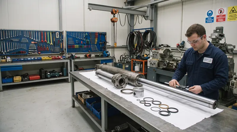 Marine technician measuring the piston rod of a dismantled hydraulic cylinder on a workshop bench