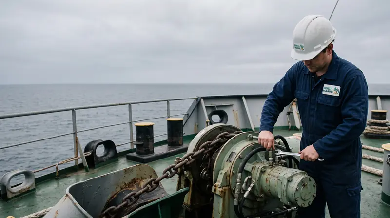 Marine technician tightening a hydraulic fitting on an anchor windlass motor on the forecastle of a ship