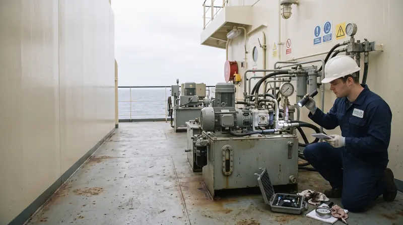 Marine technician reading the pressure gauge on a hydraulic power pack on the deck of a ship