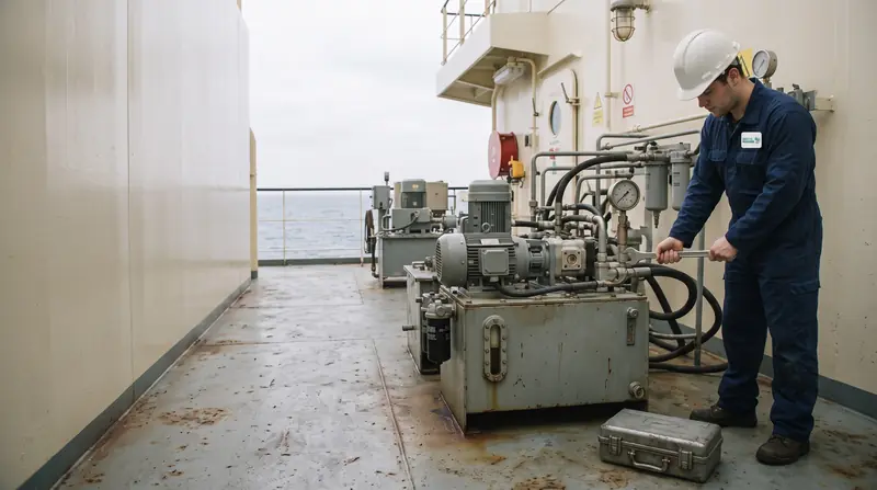 Marine technician tightening a hose fitting on a hydraulic power pack on the deck of a ship