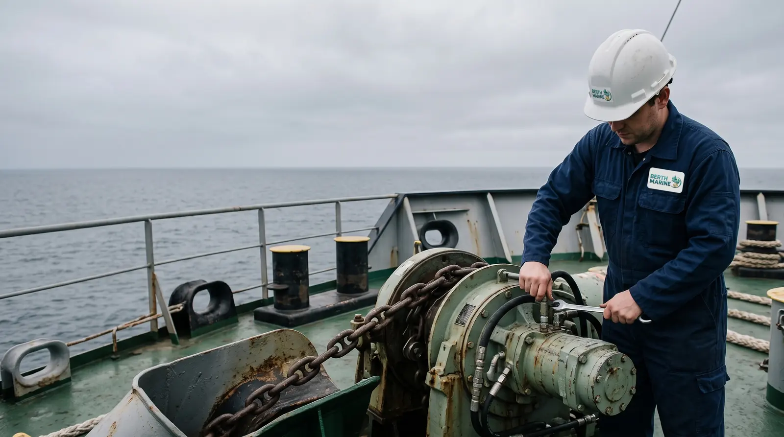 Marine technician tightening a hydraulic fitting on an anchor windlass motor on the forecastle of a ship