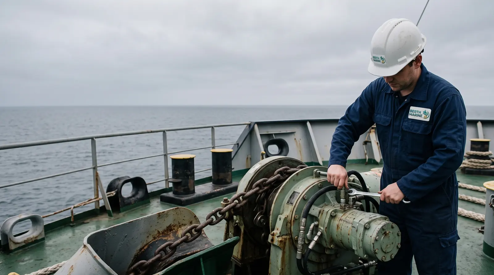 Marine service technician tightening a hydraulic fitting on an anchor windlass motor on a ship's forecastle deck