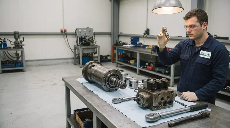 Marine technician overhauling a dismantled hydraulic motor and valve block on a workshop bench