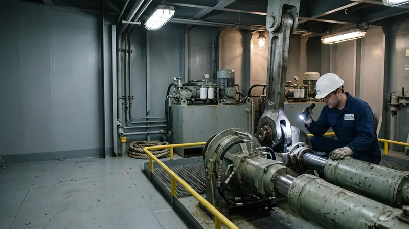Marine technician inspecting the tiller arm and a hydraulic steering gear ram in a ship's steering gear room