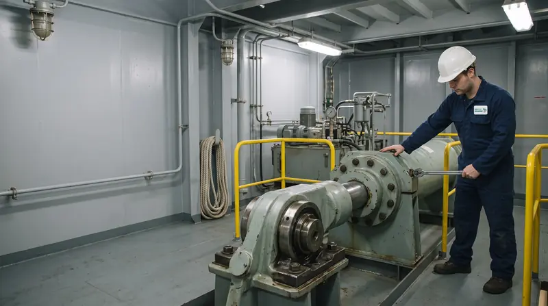 Marine technician tightening a flange bolt on a hydraulic steering gear ram in a ship's steering gear room